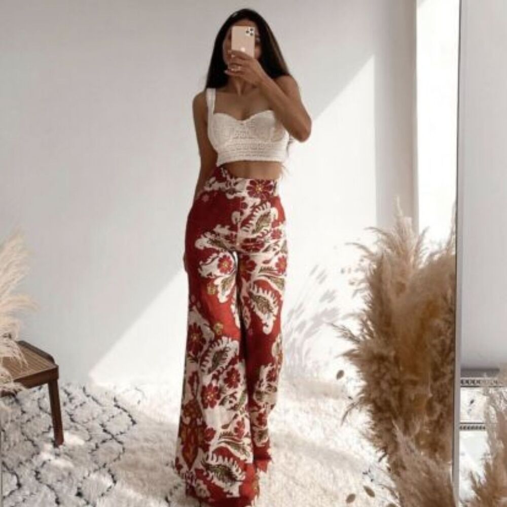 ZARA Womens Pants Red Floral Wide Leg Linen Blend Pleated Trouser Boho Small